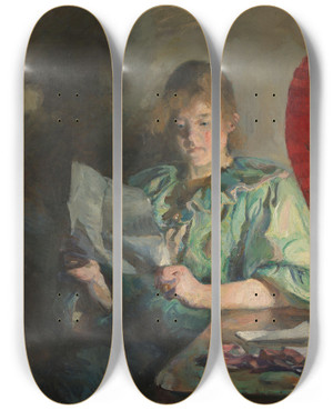 Triptych art skateboard deck of Harriet Backer Evening Interior by Harriet Backer (1845-1932)