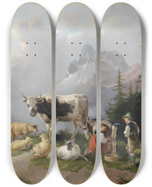 Triptych art skateboard deck of Joseph Heike Circle Auf Der Alm by Joseph Heike Circle (1811-1861)