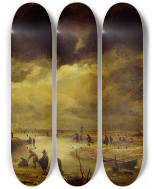 Triptych art skateboard deck of Aert Van Der Neer A Winter Scene by Aert van der Neer (1603-1677)