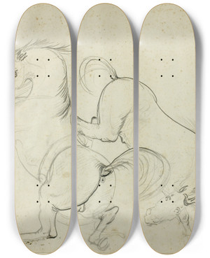 Triptych art skateboard deck of Carle Vernet Two Horses Cavorting by Carle Vernet (1758-1836)