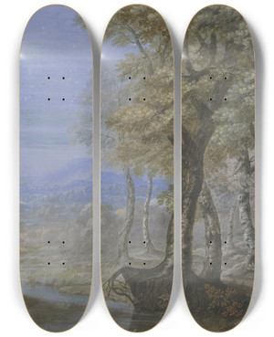 Triptych art skateboard deck of Johann Nikolaus Gassner Sommerlandschaft Mit Durchblick Durch Einen Buchenwald by JOHANN NIKOLAUS GASSNER (1637)