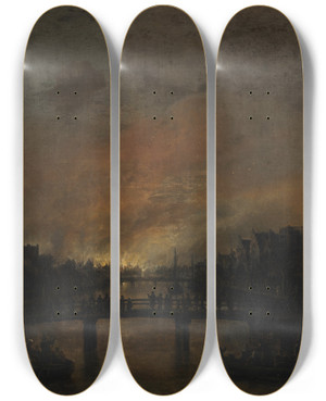 Triptych art skateboard deck of Aert Van Der Neer Fire At Amsterdam By Night by Aert van der Neer (1603-1677)