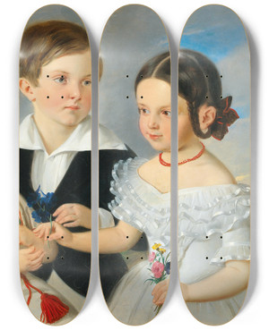 Triptych art skateboard deck of Johann Nepomuk Mayer Three Siblings by Johann Nepomuk Mayer (1805-1866)