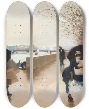Triptych art skateboard deck of Jean Braud Le Vent by Jean Beraud (1849-1935)