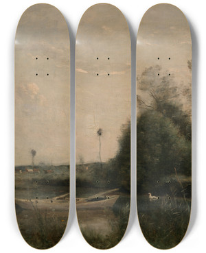 Triptych art skateboard deck of Jeanbaptistecamille Corot A Pond Inmortain by Jean-Baptiste-Camille Corot (1796-1875)
