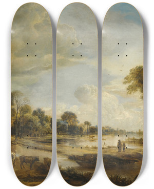 Triptych art skateboard deck of Aert Van Der Neer A River Landscape With Figures And Cattle by Aert van der Neer (1603-1677)