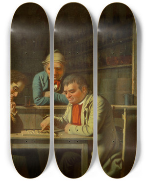 Triptych art skateboard deck of George Caleb Bingham The Checker Players by George Caleb Bingham (1811-1879)