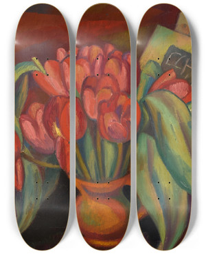 Triptych art skateboard deck of Mark Gertler Still Life With Red Tulips by Mark Gertler (1891-1939)
