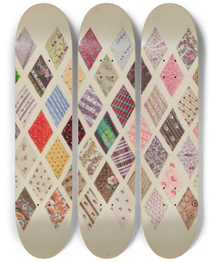 Triptych art skateboard deck of Edith Magnette Patches Of Diamond Patchwork Quilt by Edith Magnette (20-)