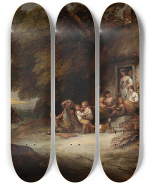 Triptych art skateboard deck of Thomas Gainsborough The Cottage Door by Thomas Gainsborough (1727-1788)