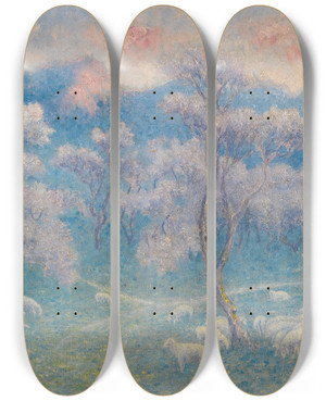 Triptych art skateboard deck of William Degouve De Nuncques Moutons Aux Amandiers by William Degouve De Nuncques (1867-1935)