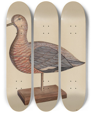 Triptych art skateboard deck of Samuel W Ford Decoy Hudsonian Godwit by Samuel W Ford