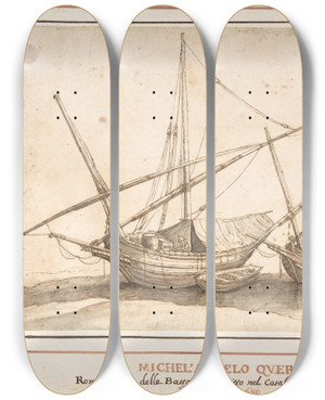 Triptych art skateboard deck of Michelangelo Cerquozzi Four Boats by Michelangelo Cerquozzi (1602-1660)