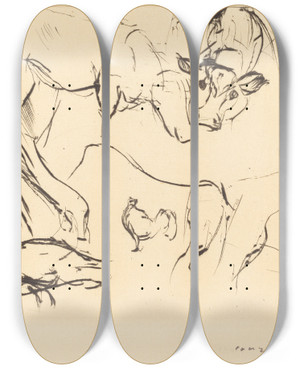 Triptych art skateboard deck of Lovis Corinth Animal Studies Verschiedene Tierstudien_1 by Lovis Corinth (1858-1925)