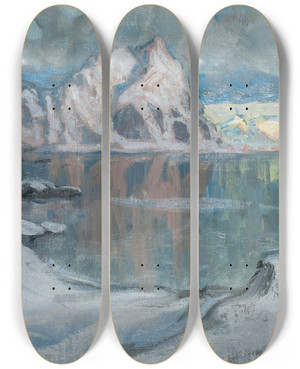 Triptych art skateboard deck of Anna Boberg Boats Between The Mountains Study From Lofoten by Anna Boberg (1864-1935)