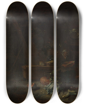 Triptych art skateboard deck of Willem Kalf Interior Of A Kitchen by Willem Kalf (1619-1693)