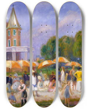 Triptych art skateboard deck of William James Glackens Beach Umbrellas At Blue Point by William James Glackens (1870-1938)