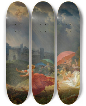 Triptych art skateboard deck of Louis Rolland Trinquesse Le Feu Aux Poudres by Louis Rolland Trinquesse (1746-1800)