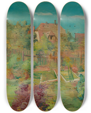 Triptych art skateboard deck of Hermann Goebel Garten Im Herbst by Hermann Goebel