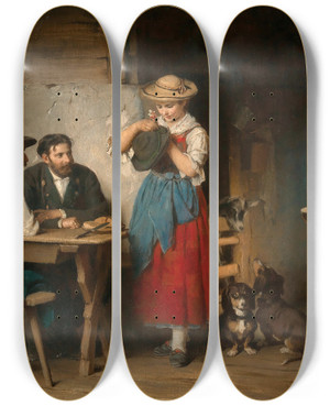Triptych art skateboard deck of Franz Von Defregger Decorating A Hat Im Hoangart by Franz Von Defregger (1835-1921)