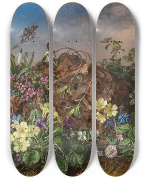 Triptych art skateboard deck of Theodor Petter Spring Flowers With Bumblebee by Theodor Petter (1822-1872)