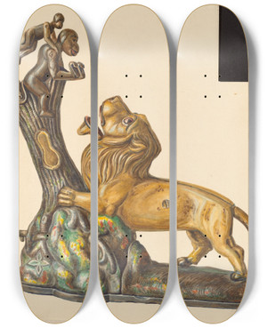 Triptych art skateboard deck of Hans Mangelsdorf Toy Bank by Hans Mangelsdorf