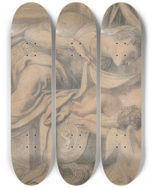 Triptych art skateboard deck of Richard Cosway Virgin Adoring The Sleeping Christ by Richard Cosway (1742-1821)