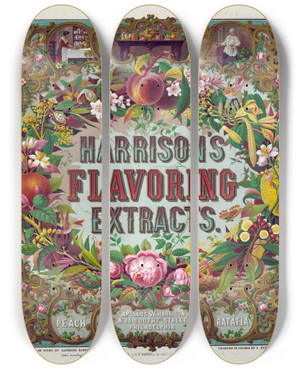 Triptych art skateboard deck of Alphonse Bigot Harrisons Flavoring Extracts Phila by Alphonse Bigot (1828-1872)