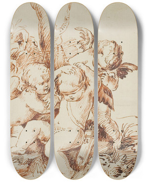 Triptych art skateboard deck of Circle Of Guido Reni Two Putti Blindfolding A Third by Circle Of Guido Reni (1575-1642)