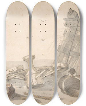 Triptych art skateboard deck of Cornelis Saftleven A Duck Sleeping Near A Broken Wheel In A Farmyard A Chicken Beyond by Cornelis Saftleven (1607-1681)