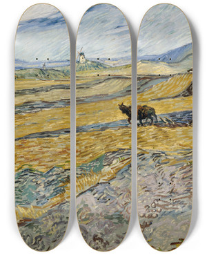 Triptych art skateboard deck of Vincent Van Gogh Enclosed Field With Ploughman by Vincent van Gogh (1853-1890)