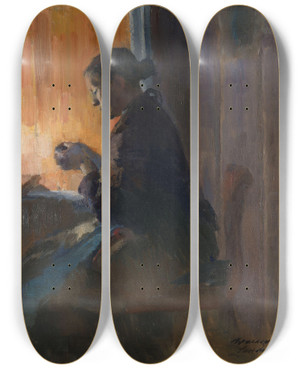 Triptych art skateboard deck of Harriet Backer By Lamp Light by Harriet Backer (1845-1932)