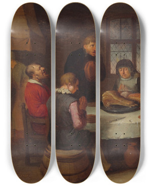 Triptych art skateboard deck of Egbert Van Heemskerck Prayer Before The Meal by Egbert Van Heemskerck (1634-1704)