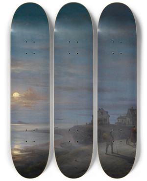 Triptych art skateboard deck of Giuseppe Canella Kstenlandschaft Bei Aufgehendem Mond by Giuseppe Canella (1788-1847)