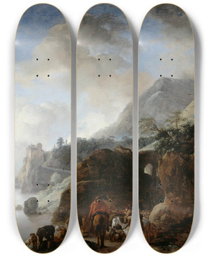 Triptych art skateboard deck of Philips Wouwerman Travelers Awaiting A Ferry by Philips Wouwerman (1619-1668)