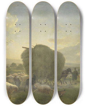 Triptych art skateboard deck of Balthasar Paul Ommeganck Landscape With Sheep And A Hay Wagon by Balthasar Paul Ommeganck (1755-1826)