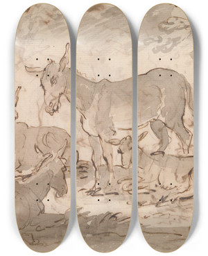 Triptych art skateboard deck of Sawrey Gilpin Donkeys by Sawrey Gilpin (1733-1807)
