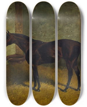 Triptych art skateboard deck of Henry Stull Hastings In A Stable by Henry Stull (1851-1913)