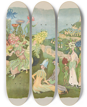Triptych art skateboard deck of Ernst Kreidolf Der Alpengarten by Ernst Kreidolf (1863-1956)