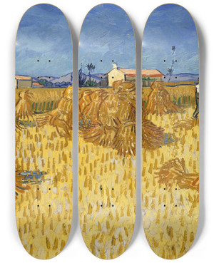 Triptych art skateboard deck of Vincent Van Gogh Corn Harvest In Provence by Vincent van Gogh (1853-1890)