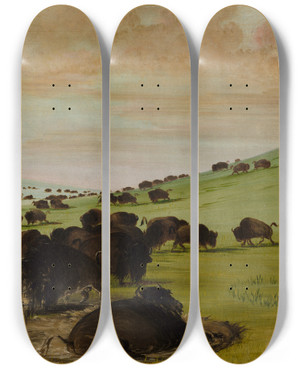 Triptych art skateboard deck of George Catlin Buffalo Bulls In A Wallow by George Catlin (1796-1872)