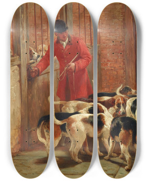 Triptych art skateboard deck of John Sargeant Noble Beagles Before The Hunt by John Sargent Noble