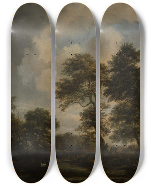 Triptych art skateboard deck of Jacob Van Ruisdael Forest Lake With Two Swans by Jacob Van Ruisdael (1628-1682)