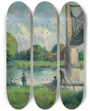 Triptych art skateboard deck of Maximilien Luce Pont Aux Environs Dangers by Maximilien Luce (1858-1941)