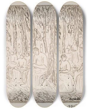 Triptych art skateboard deck of Abraham Walkowitz Under Two Trees by Abraham Walkowitz (1878-1965)
