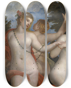 Triptych art skateboard deck of Alessandro Varotari The Three Graces by Alessandro Varotari (1588-1649)