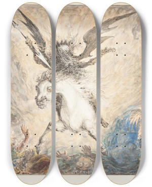 Triptych art skateboard deck of George Cruikshank Crinolina And The Consequences Recto by George Cruikshank (1792-1878)