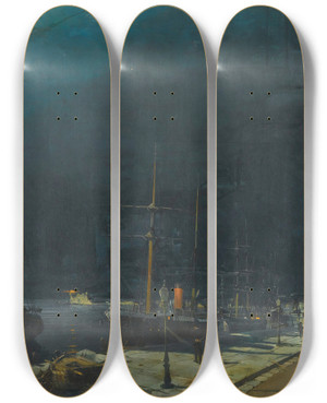 Triptych art skateboard deck of Constantinos Volanakis Harbour At Night by Konstantinos Volanakis (1837-1907)