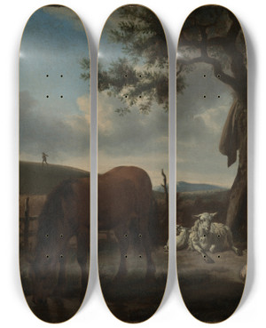 Triptych art skateboard deck of Adriaen Van De Velde Sleeping Shepherds by Adriaen van de Velde (1636-1672)
