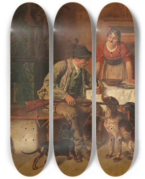 Triptych art skateboard deck of Adolf Eberle Brotzeit Des Jgers by Adolf Eberle (1843-1914)